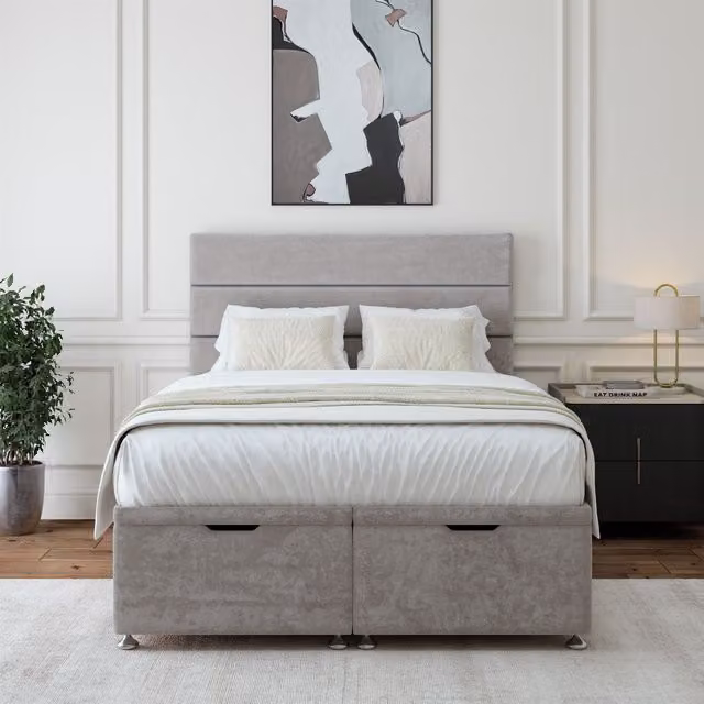 Bedmaster Luxury Velvet Ottoman Divan Base and Lined Headboard in Grey, W/D/H: 120 x 200 cm