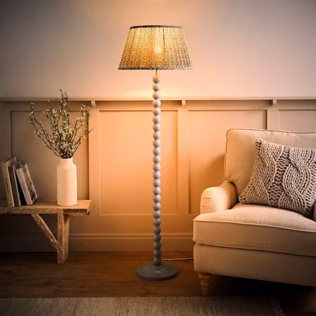 ValueLights Bobbin Floor Lamp with Floral Pleated Shade and Bulb in Blue and Wood