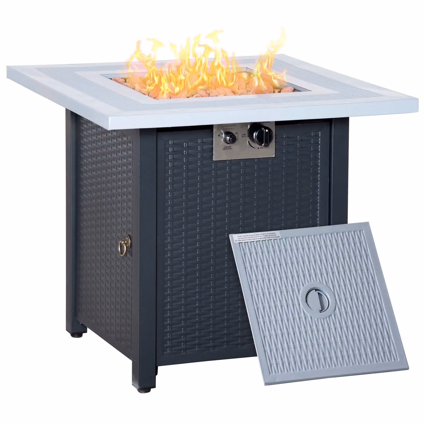 OUTSUNNY Black Rattan Outdoor Propane Gas Fire Pit Table with Lid and Lava Rocks, W/D/H: 71 x 62 x 71 cm – 2