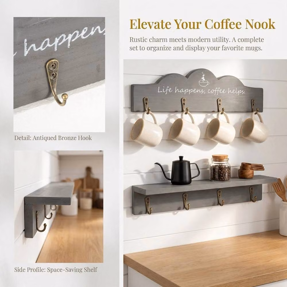 Kelvenix Grey Wall Mounted Coffee Mug Holder with 8 Hooks, 2 Pack – 5
