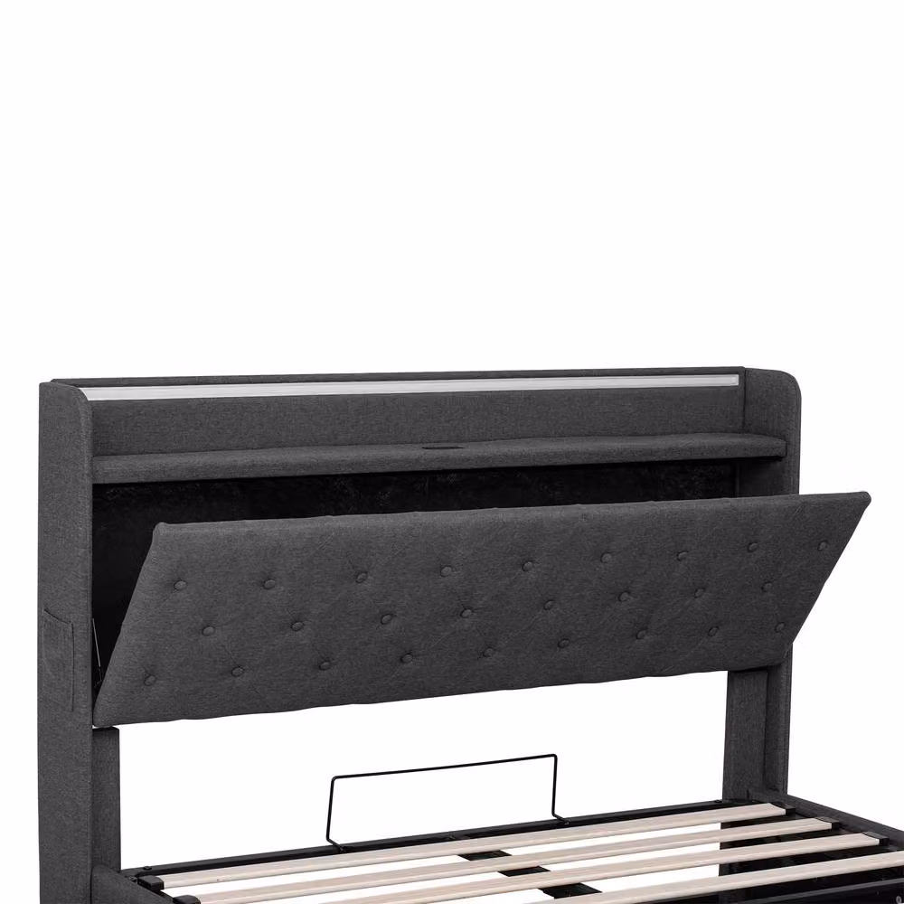 BTM Grey Linen Upholstered King Size Bed Frame with Hydraulic Lift-Up Storage, Under-Bed Lighting and USB Charging Port – 7