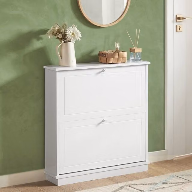 SoBuy Slim White Matt Shoe Cabinet with Tilting Compartments and Internal Shelves – 1