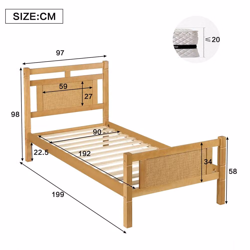 BTM Double Wooden Bed with Rattan Paper Finish in Sand and Beige, W/D/H: 140 x 200 cm – 2