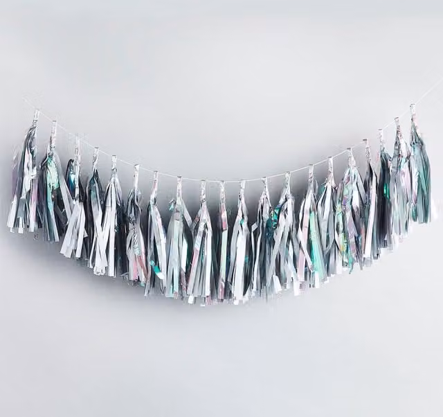 Club Green Iridescent Tassel Party Garland in Green, Silver and Multicolour, 2m