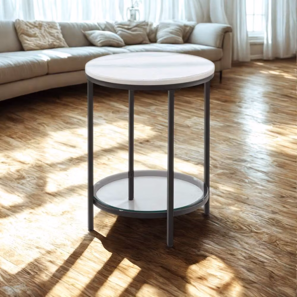 Pirlo Plush 2 Tier Round Faux Marble Accent Coffee Side Table in White, W/D/H: 45 x 45 x 55 cm – 4