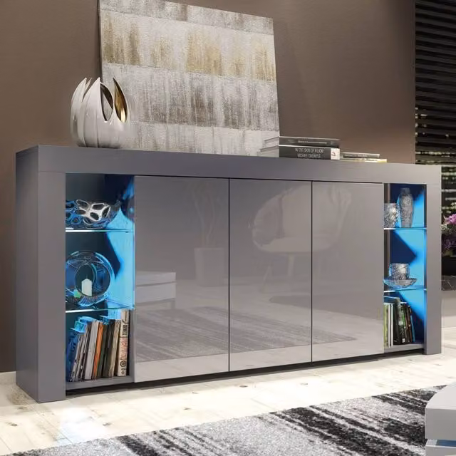 Mex Furniture LTD Eden Sideboard in Dark Grey with Glossy Doors and Integrated LED Lighting, W: 164 cm, H: 83 cm, D: 35 cm – 1