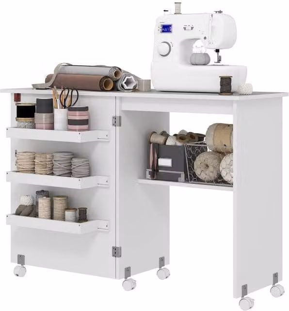 Kelvenix White Drop Leaf Folding Sewing and Craft Table with Castors