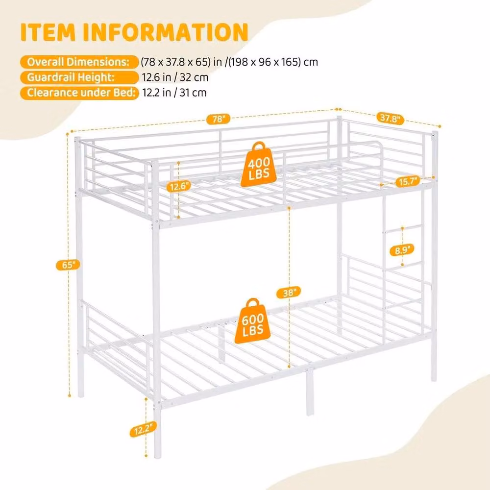 FLAVORA Metal Twin Loft Bunk Bed with Ladder and Guardrail in White – 2