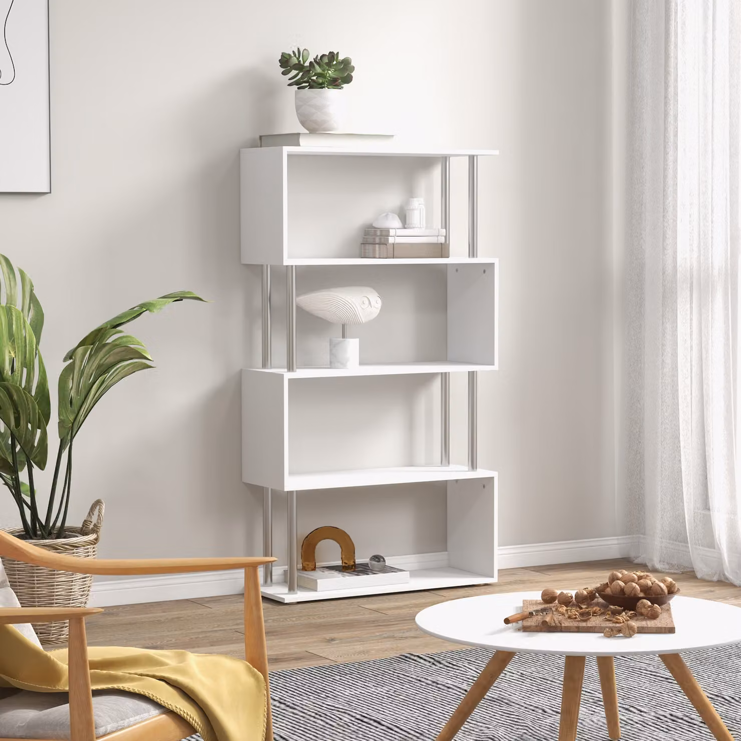 HOMCOM S Shaped Wooden Bookcase and Storage Display Unit in White – 2