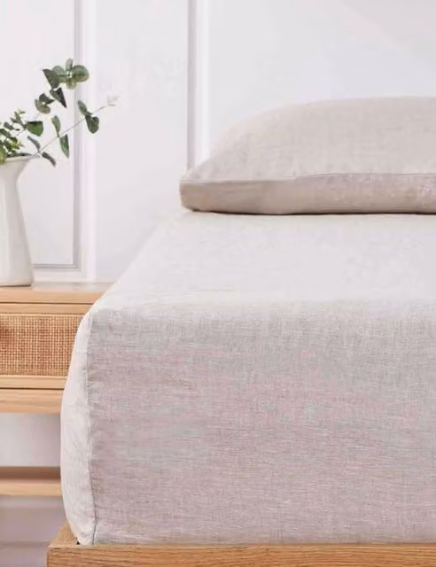 MM Linen Pure Laundered Linen Fitted Sheet and Pillowcase Set, Sand, W/D/H: 200 x 200 cm