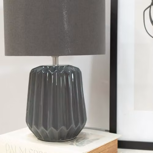 ValueLights Grey Ceramic Table Lamp with Fabric Shade and LED Bulb – 2