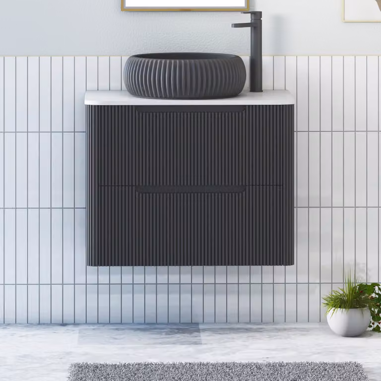 Royal Bathrooms Avenza Wall Hung Vanity Unit with 2 Drawers, Matt Obsidian Black, 600mm Width, and Plain White Worktop with Milan Black Basin