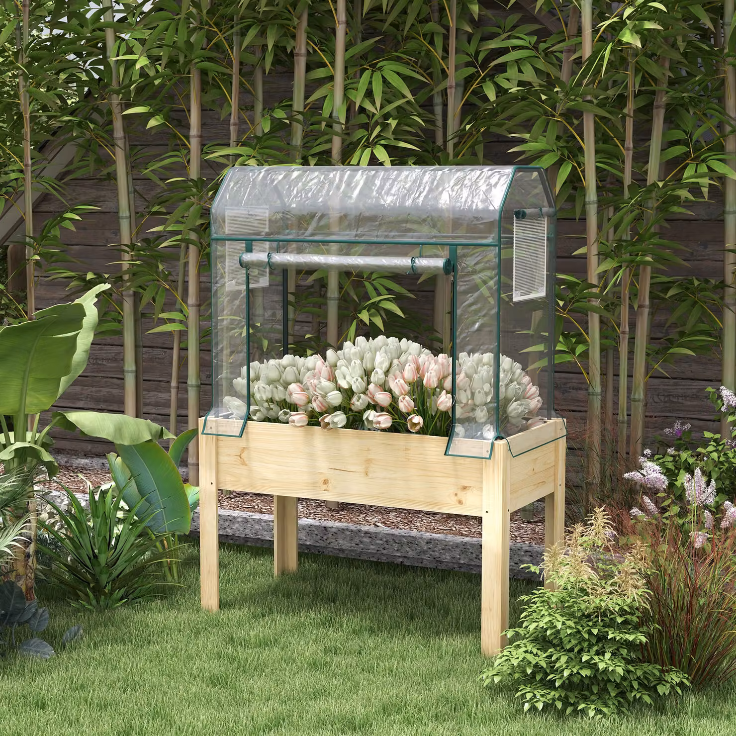 Outsunny Brown Wooden Raised Garden Bed with Greenhouse Cover and Bed Liner for Vegetables, Flowers and Herbs, W/D/H: 165 x 60 x 60 cm – 2