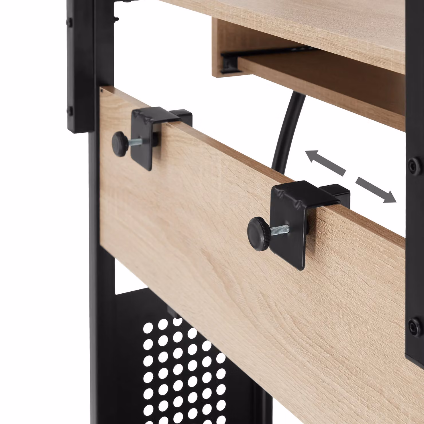 tectake Fife Computer Desk with 3 Levels, Attachable Shelf, Keyboard Tray and 4 Castors in Light Oak – 7