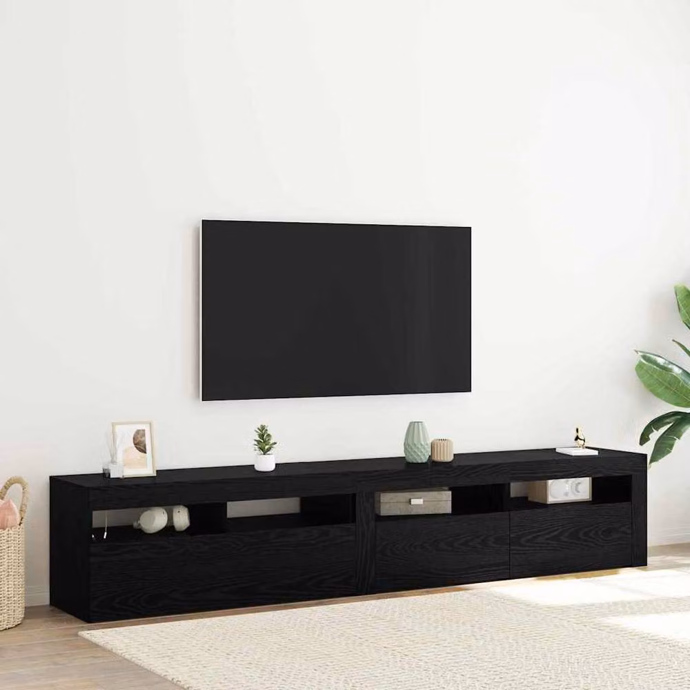 Berkfield Home Set of 2 Modern TV Cabinets in Black Oak with LED Lights and Matt Finish – 2