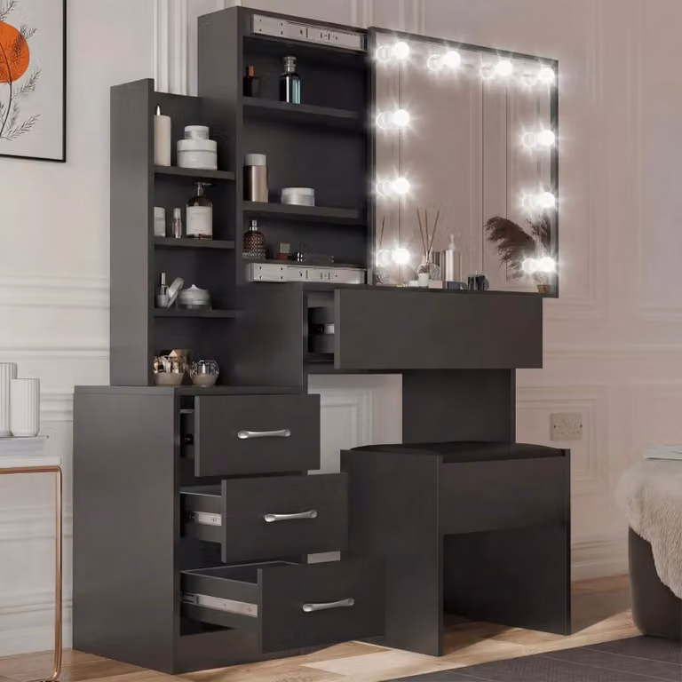 DHS Hollywood LED Mirror Dressing Table with Storage Drawers in Matt Black