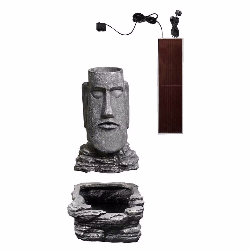 Primrose Easter Island Head Solar Powered Water Feature Planter with Lights, Brown, Height: 73 cm – 2