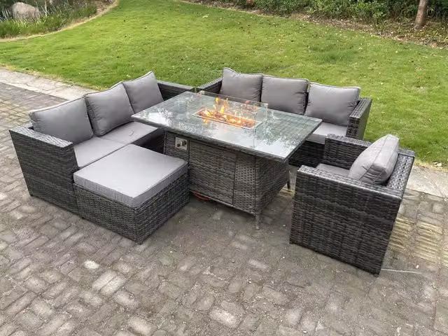 Fimous Outdoor Rattan Garden Furniture Set with Gas Fire Pit Dining Table and Armchairs in Dark Grey