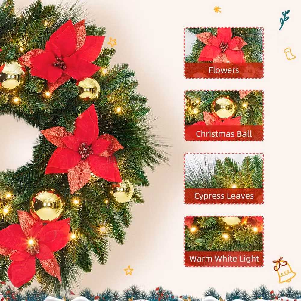 London Boutique Pre-Lit Christmas Wreath with LED Lights in Green, Diameter: 60.96 cm – 6