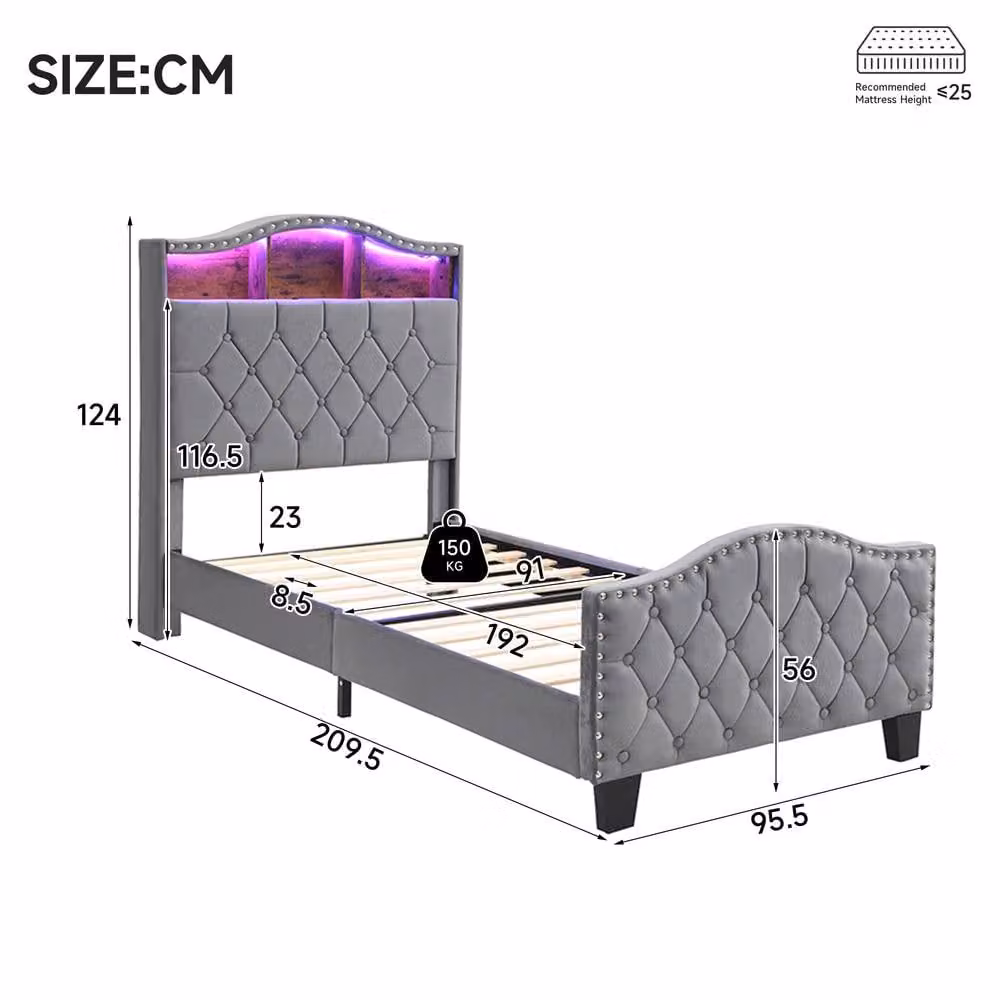 ModernLuxe Velvet Upholstered Kids Bed in Grey with LED Lighting, USB Charging Port and Storage Headboard, W/D/H: 90 x 200 cm – 2