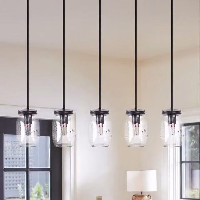 Livingandhome 5-Light Rectangular Metal Pendant Light with Transparent Glass Lampshades in Black