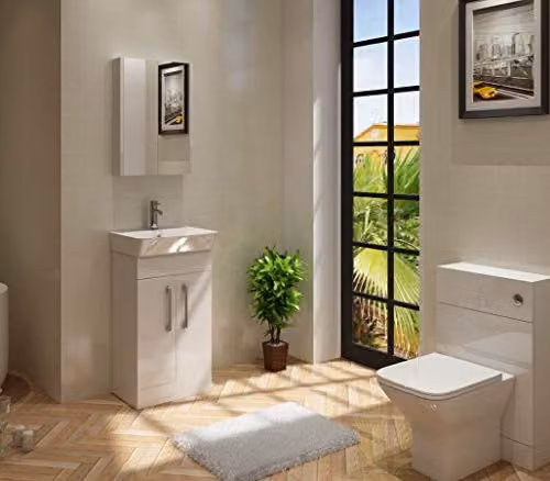 VeeBath Cosmo White Glossy Freestanding Bathroom Vanity Unit with Ceramic Basin and Soft Close Hinged Doors W/D/H: 60 x 35 x 81.5 cm – 2