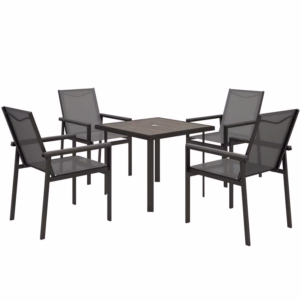 OUTSUNNY 5 Piece Outdoor Dining Set with Table and 4 Armchairs in Grey Metal and Glass – 1