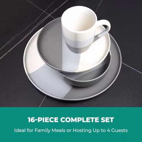 Royalford 16 Piece Stoneware Dinnerware Set in Grey and White, Microwave and Dishwasher Safe – 6