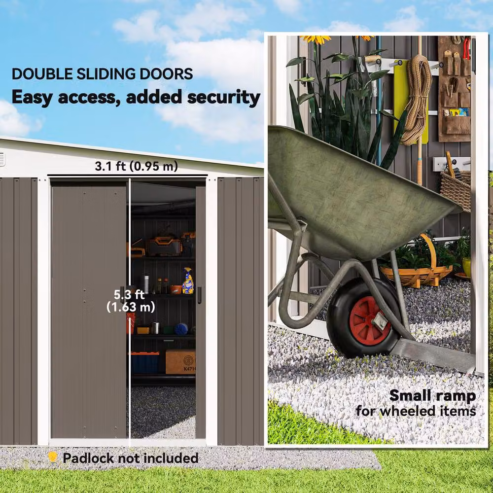 Rolipo Grey Metal Lean-To Pent Garden Shed with Sliding Doors – 4