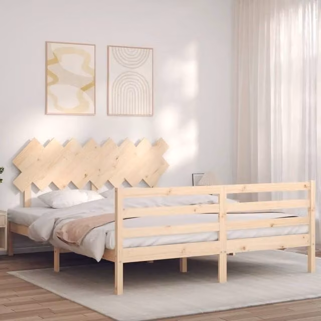 Berkfield Home Beautiful Bed Frame with Headboard in Natural Solid Pine, W/D/H: 160 x 200 x 165.5 cm – 1