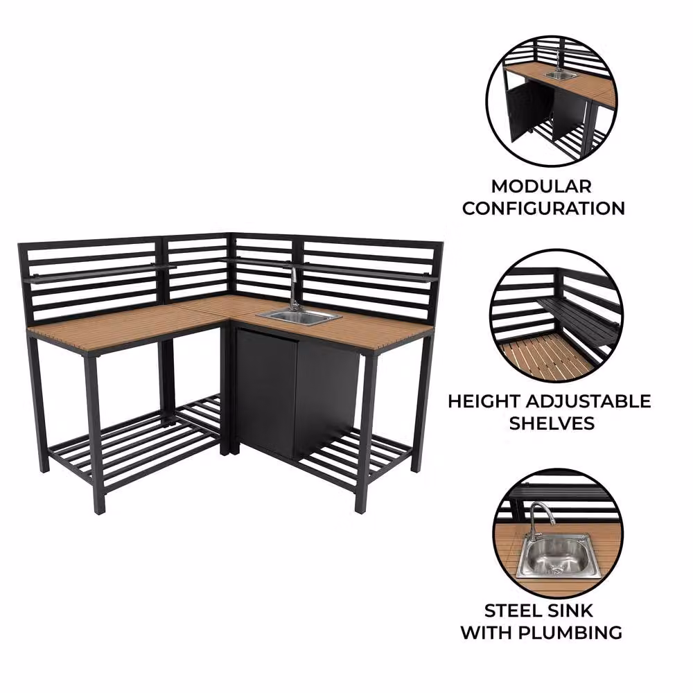 Monstershop 3-Piece Outdoor Kitchen Set in Grey Aluminium and Wood, W/D/H: 127.5 x 61.5 x 240 cm – 2