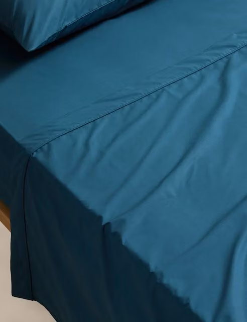 M&S Egyptian Cotton 230 Thread Count Percale Flat Sheet, Petrol Blue, W: 140 cm, L: 200 cm