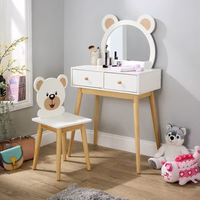 Home Source Ted Kids 2 Drawer Dressing Table Set with Built-In Mirror and Stool in White and Multicolour