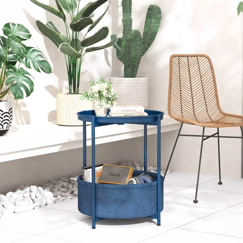 Huhote Round 2 Tier Fabric End Side Table with Storage Basket in Blue – 4