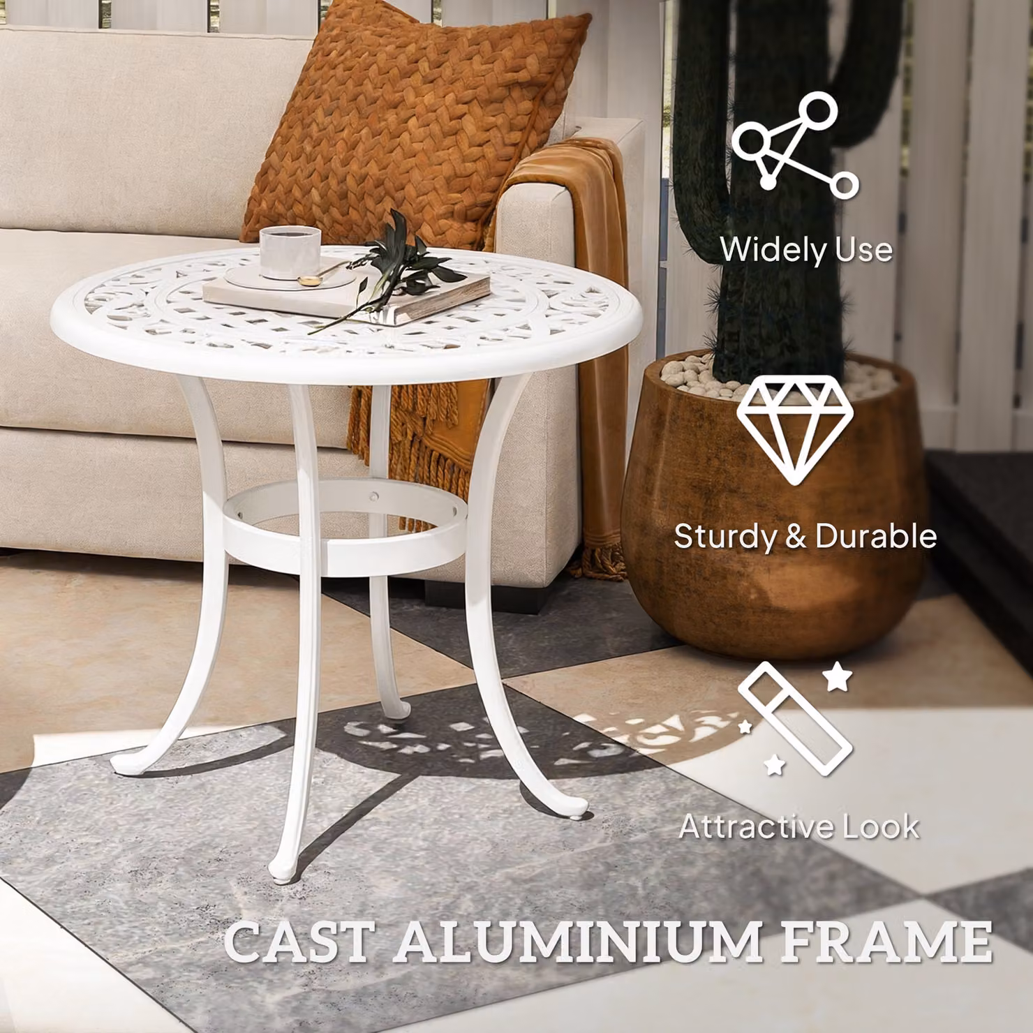 Outsunny Round Cast Aluminium Garden Table, White – 4