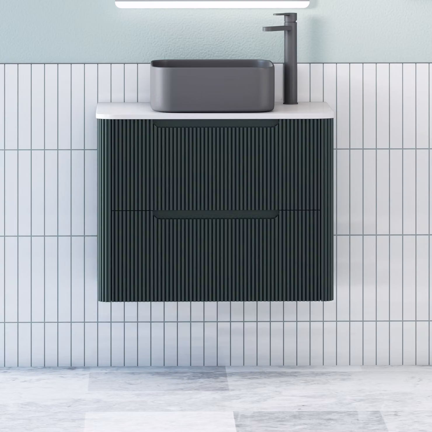 Royal Bathrooms Avenza Wall Hung Vanity Unit in Moss Green with 2 Drawers, Plain White Worktop and Art Square Basin