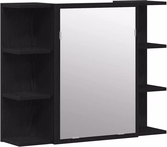 Berkfield Home Compact Black Oak Solid Wood Bathroom Mirror Cabinet with Hinged Doors and Open Shelf