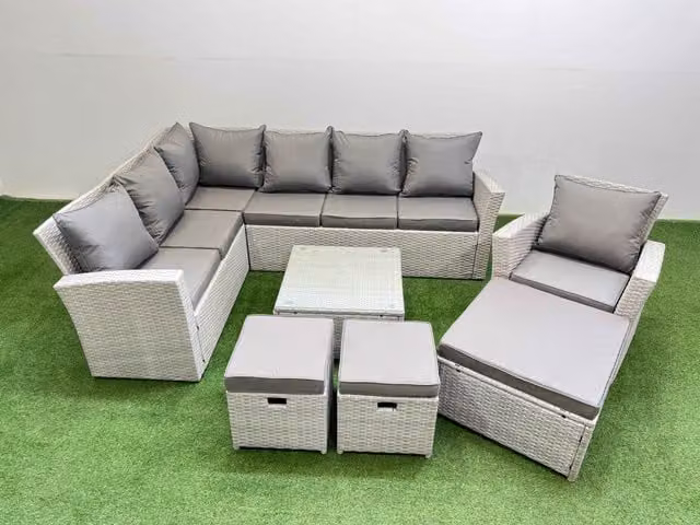 Fimous 10 Seater L-Shape Corner Garden Sofa Set in Light Grey with Coffee Table and Ottoman