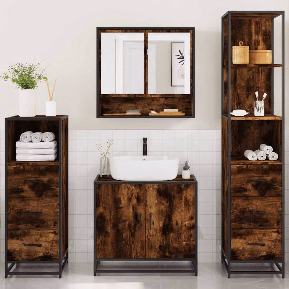 Berkfield Home 4-Piece Industrial Bathroom Furniture Set in Smoked Oak Brown – 4
