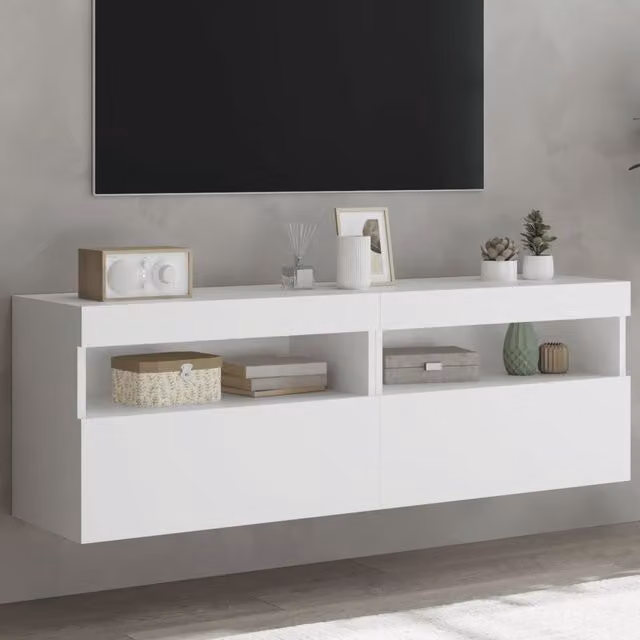 Berkfield Home Set of 2 Modern White Wall Mounted TV Cabinets with Integrated LED Lighting, W/D/H: 60 x 30 x 40 cm