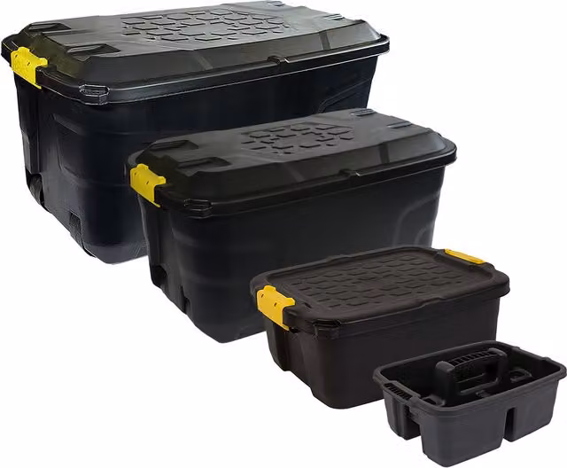 Charles Bentley Strata Heavy Duty Bundle 2 Set of 4 Black Plastic Storage Boxes with Lids and Wheels, including 145L, 75L, 24L and Caddy