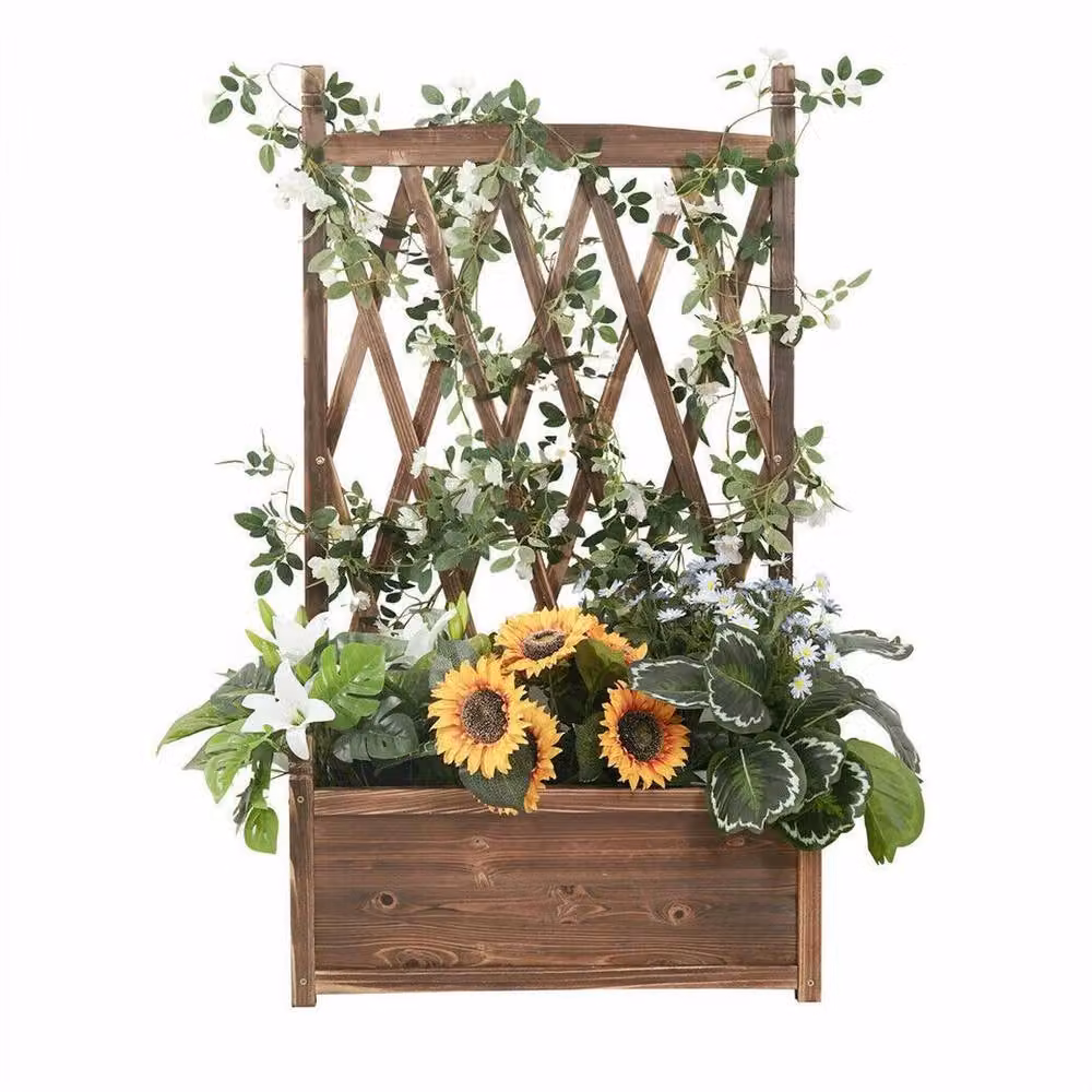 FLAVORA Wooden Raised Plant Bed with Climbing Trellis in Brown, W/D/H: 115 x 64 x 20 cm – 3