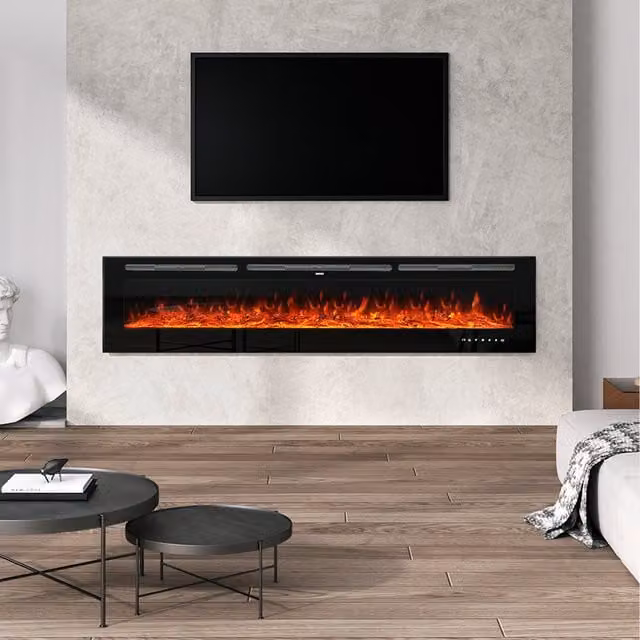 Livingandhome Wall-Mounted Recessed Electric Fireplace with 12 Adjustable Flames, Black, W: 203.2 cm