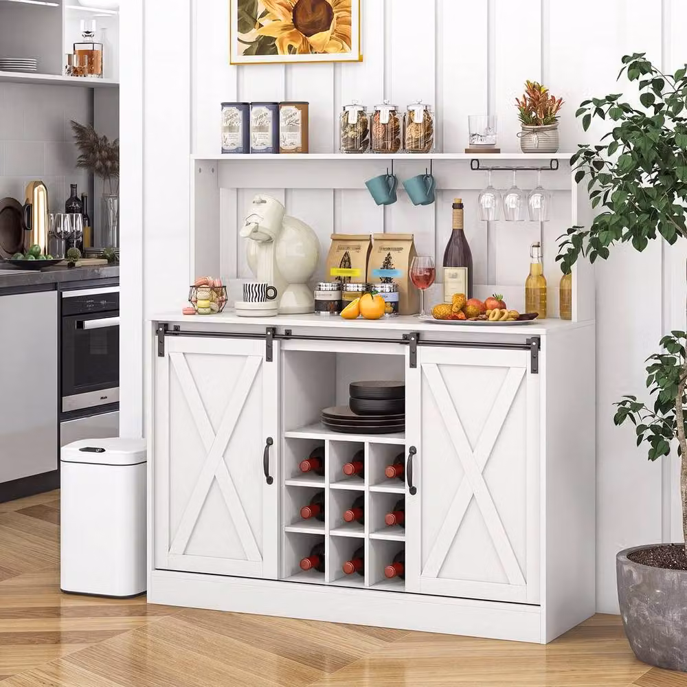 KORVIXA White Coffee Bar Cabinet with Charging Station and Sliding Glass Doors, W/D/H: 100 x 100 x 100 cm – 2