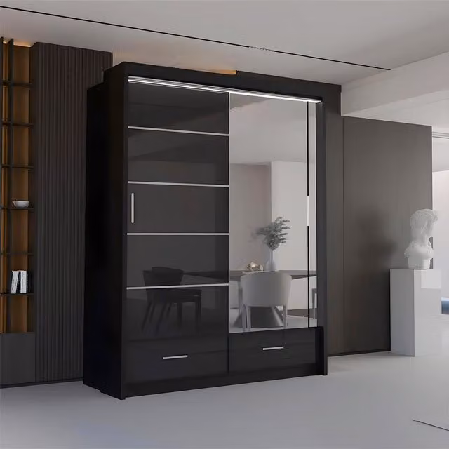 Sliding Wardrobes 4U Luxury High Gloss Sliding Wardrobe with LED Lighting, Black, W: 150 cm, H: 220 cm