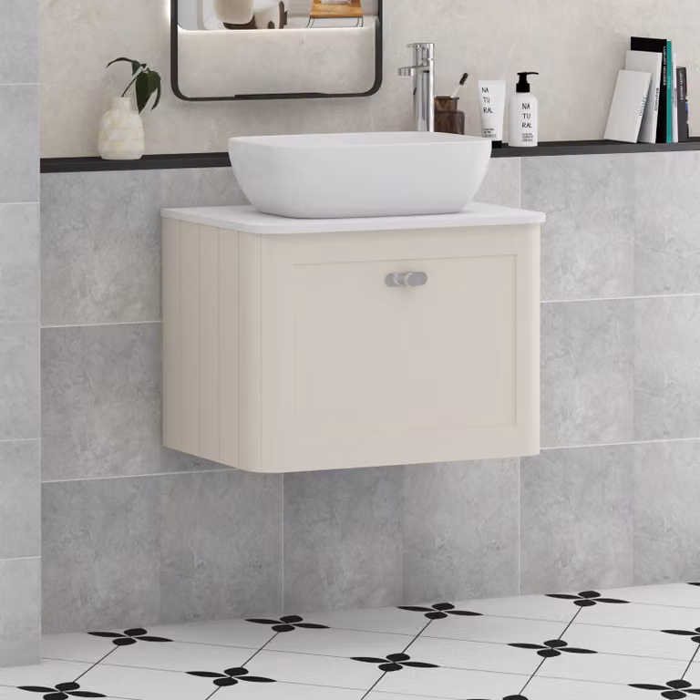 Royal Bathrooms Henley Wall Hung Vanity Unit with Elva Basin and Chrome Knob, Mushroom Cashmere and Plain White Worktop, 600mm