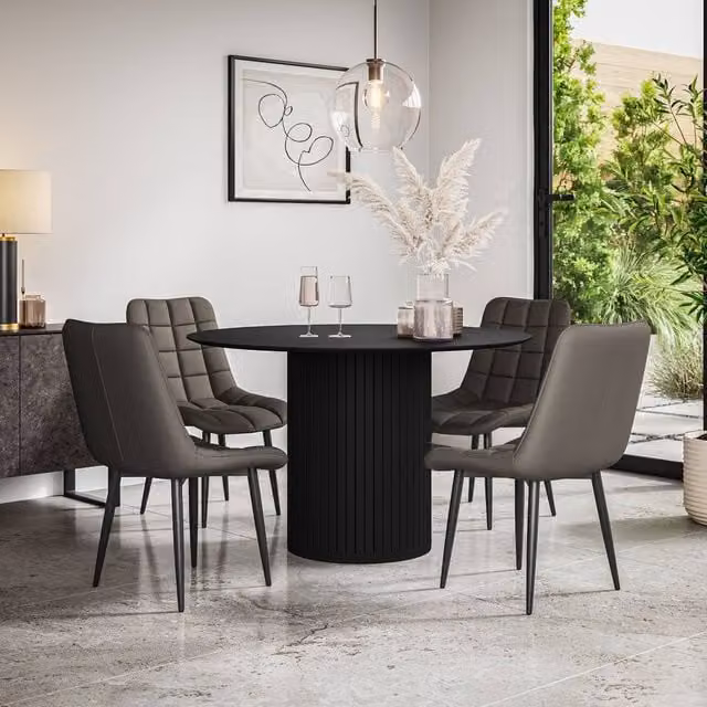 More4Homes Arlo Black Round Dining Table and Nova Grey Faux Leather Dining Chair Set of 6, W/D/H: 120 x 120 x 75 cm