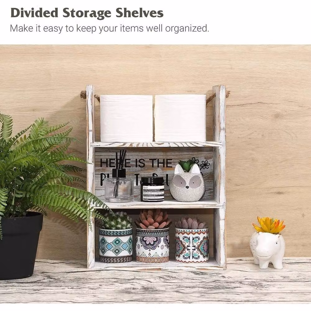 VOGREX 3 Tier Rustic Hanging Wood Wall Shelves with Rope Decor Sign in White and Multicolour – 3