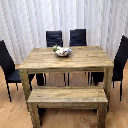 KOSY KOALA Rustic Wooden Dining Table Set for 6 with 4 Black Leather Chairs and 1 Bench in Brown and Black – 3