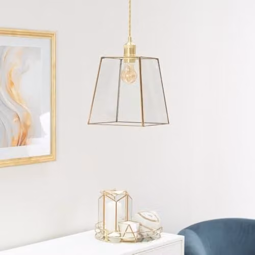 ValueLights Pair of 2 Gold Metal and Clear Glass Lantern Easy Fit Ceiling Light Shades, Shade Width: 18 cm